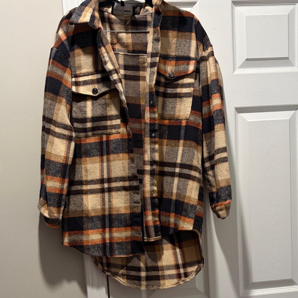 Fashion Nova Checkered Overshirt in Black, Tan, and Orange